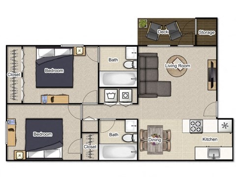 Floor plan for 2 beds, 2 baths, 904 sqft